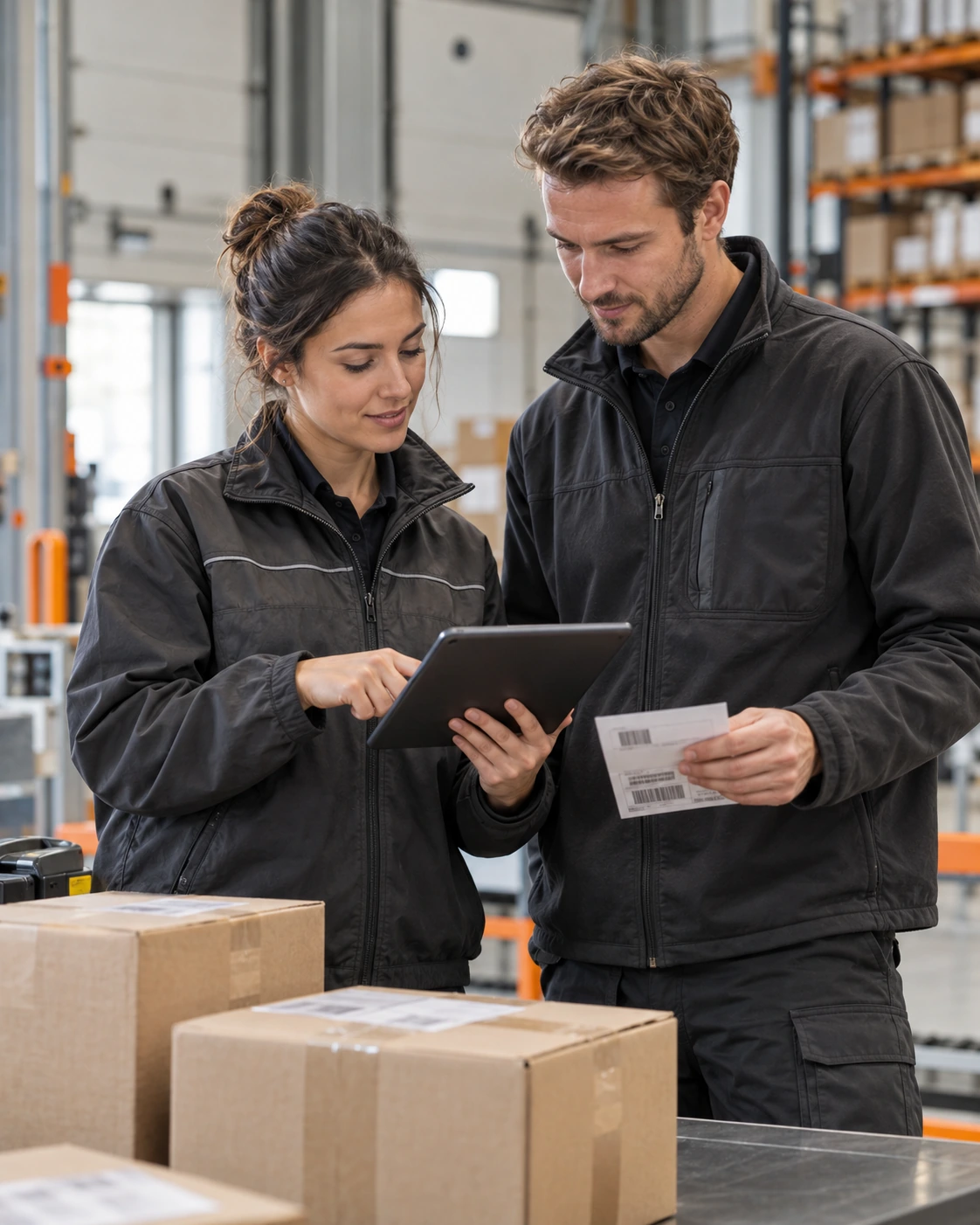 Logistieke professionals bespreken een zending bij een verzendstation